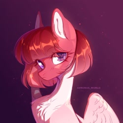 Size: 2100x2100 | Tagged: safe, artist:avroras_world, derpibooru import, oc, oc only, pegasus, pony, bust, chest fluff, female, gradient background, looking at you, mare, signature, solo