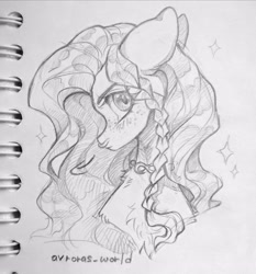 Size: 2469x2649 | Tagged: safe, artist:avroras_world, derpibooru import, oc, oc only, pony, bust, commission, ears, female, floppy ears, grayscale, looking at you, mare, monochrome, pencil drawing, profile, signature, solo, traditional art