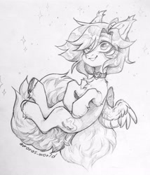 Size: 2453x2865 | Tagged: safe, artist:avroras_world, derpibooru import, oc, oc only, pegasus, pony, chest fluff, choker, grayscale, hair over one eye, looking up, monochrome, pencil drawing, smiling, solo, spread wings, traditional art, wings