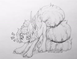 Size: 3300x2530 | Tagged: safe, artist:avroras_world, derpibooru import, oc, oc only, pegasus, pony, commission, emanata, grayscale, huge tail, monochrome, pencil drawing, signature, solo, spread wings, stretching, tail, traditional art, unshorn fetlocks, wings