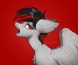 Size: 2050x1700 | Tagged: safe, artist:avroras_world, derpibooru import, oc, oc only, pegasus, pony, chest fluff, commission, ears back, fangs, gradient background, open mouth, partially open wings, profile, signature, solo, wings