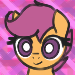 Size: 2000x2000 | Tagged: safe, artist:anonymous, derpibooru import, scootaloo, pegasus, pony, g4, abstract background, bust, colored, doodle, drawthread, female, filly, foal, looking at you, portrait, requested art, smiling, smiling at you, solo, white pupils