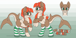 Size: 2715x1357 | Tagged: safe, artist:freckleshark, derpibooru import, oc, oc only, oc:freckle, original species, shark, shark pony, clothes, female, fish tail, gills, gradient background, mare, raised hoof, raised leg, rearing, reference sheet, shark pony oc, shark tail, sharp teeth, socks, solo, striped socks, tail, teeth