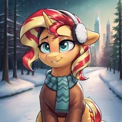 Size: 1024x1024 | Tagged: safe, ai content, derpibooru import, generator:pony diffusion v6 xl, generator:stable diffusion, machine learning generated, sunset shimmer, unicorn, g4, bundled up, city, clothes, earmuffs, horn, prompter:thelight3d, scarf, snow, solo, tree