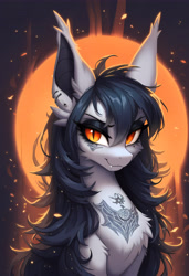 Size: 3328x4864 | Tagged: safe, ai content, derpibooru exclusive, derpibooru import, generator:novelai, generator:stable diffusion, machine learning generated, oc, bat pony, big ears, black hair, ears, long hair, orange eyes, prompter:derpy momo, slit eyes, solo, tattoo