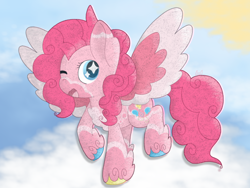 Size: 3200x2400 | Tagged: safe, artist:mimiqq, derpibooru import, pinkie pie, pegasus, pony, g4, alternate design, coat markings, cutie mark, feathered fetlocks, female, pegasus pinkie pie, race swap, sky background, solo, unshorn fetlocks