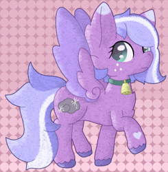 Size: 2068x2108 | Tagged: safe, artist:mimiqq, derpibooru import, oc, oc only, oc:satin showers, pegasus, bell, bell collar, collar, cowbell, freckles, hoof heart, nervous, raised hoof, raised leg, simple background, solo, striped mane, underhoof, unshorn fetlocks