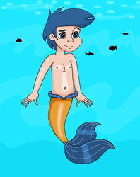 Size: 858x1086 | Tagged: safe, artist:ocean lover, derpibooru import, first base, fish, human, g4, bare shoulders, belly, belly button, blue eyes, blue hair, chest, child, fins, fish tail, happy, human coloration, humanized, light skin, male, merboy, merman, ms paint, ocean, smiling, swimming, tail, tail fin, underwater, water