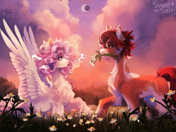 Size: 4000x3000 | Tagged: safe, artist:sweettsa1t, derpibooru import, oc, oc only, earth pony, pegasus, pony, chest fluff, concave belly, duo, ear fluff, ears, eclipse, female, flower, male, mare, mouth hold, oc x oc, shipping, spread wings, stallion, straight, wings