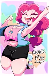 Size: 2650x4096 | Tagged: safe, artist:moonieflav, derpibooru import, pinkie pie, human, belly, belly button, breasts, cleavage, clothes, eyes closed, female, fist, high res, humanized, midriff, open mouth, open smile, pinkie pies, raised arm, smiling, solo