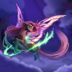 Size: 2048x2048 | Tagged: safe, artist:rrusha, derpibooru import, fluttershy, changeling, pony, g4, butterfly wings, curved horn, female, flying, horn, magic, mare, slit eyes, solo, species swap, wings