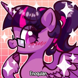 Size: 1080x1080 | Tagged: safe, artist:enoquian_dreamer, derpibooru import, part of a set, twilight sparkle, twilight sparkle (alicorn), alicorn, pony, g4, alternate hairstyle, blushing, female, freckles, glasses, hoof on chin, looking back, mare, open mouth, open smile, ponytail, smiling, solo, sparkles, spread wings, watermark, wings