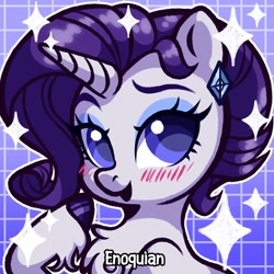 Size: 640x640 | Tagged: safe, artist:enoquian_dreamer, derpibooru import, part of a set, rarity, pony, unicorn, g4, blushing, chest fluff, ear piercing, earring, fetlock tuft, horn, jewelry, piercing, solo, sparkles, watermark