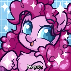 Size: 1080x1080 | Tagged: safe, artist:enoquian_dreamer, derpibooru import, part of a set, pinkie pie, earth pony, pony, g4, :p, chest fluff, solo, sparkles, tongue, tongue out, watermark