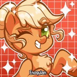 Size: 1080x1080 | Tagged: safe, artist:enoquian_dreamer, derpibooru import, part of a set, applejack, earth pony, pony, g4, alternate hairstyle, chest fluff, eye clipping through hair, eyebrows, eyebrows visible through hair, hair bun, one eye closed, solo, sparkles, watermark, wink