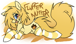 Size: 855x495 | Tagged: safe, artist:muffinz, derpibooru import, oc, oc only, oc:fluffer nutter, earth pony, pony, clothes, fluffy mane, fluffy tail, gradient background, lying down, nervous, nervous smile, smiling, socks, solo, striped socks, tail