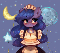 Size: 3714x3309 | Tagged: safe, artist:polnocnykot, derpibooru import, princess luna, alicorn, anthro, g4, apron, balloon, blushing, cake, candle, candlelight, clothes, combo breaker, crescent moon, cute, dress, ear fluff, ears, female, food, french maid, horn, looking away, looking sideways, looking to side, looking to the right, maid, maid headdress, mare, moon, shy, smiling, solo, stars