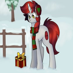 Size: 1000x1000 | Tagged: safe, artist:tarsaqus, derpibooru import, oc, oc only, earth pony, pony, clothes, earmuffs, fence, present, scarf, snow, solo, striped scarf, tree, winter