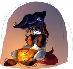 Size: 1600x1525 | Tagged: safe, artist:tarsaqus, derpibooru import, pony, clothes, halloween, hat, holiday, jack-o-lantern, pumpkin, sketch, smiling, socks, solo, striped socks, wip, witch hat