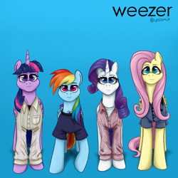 Size: 1600x1600 | Tagged: safe, artist:uniomie, derpibooru import, fluttershy, rainbow dash, rarity, twilight sparkle, twilight sparkle (alicorn), alicorn, pegasus, pony, unicorn, :|, album cover, clothes, female, gradient background, group, horn, looking at you, mare, pants, ponified, ponified album cover, quartet, shirt, species swap, weezer