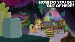 Size: 2000x1125 | Tagged: safe, derpibooru import, edit, edited screencap, editor:quoterific, screencap, applejack, gummy, g4, secrets and pies, apple, chair, duo, food, party cave, slide, table