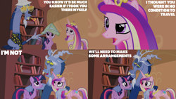 Size: 2000x1125 | Tagged: safe, derpibooru import, edit, edited screencap, editor:quoterific, screencap, discord, princess cadance, twilight sparkle, twilight sparkle (alicorn), alicorn, g4, three's a crowd, blue flu, golden oaks library, trio