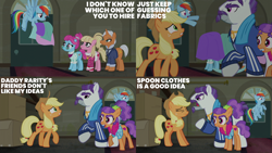 Size: 2000x1125 | Tagged: safe, derpibooru import, edit, edited screencap, editor:quoterific, screencap, applejack, blue bobbin, mr. stripes, plaid stripes, rainbow dash, earth pony, pegasus, pony, unicorn, g4, season 6, the saddle row review, female, horn, male, mare, stallion