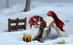 Size: 2560x1574 | Tagged: safe, artist:tarsaqus, derpibooru import, oc, oc only, pony, unicorn, clothes, earmuffs, horn, painting, present, raised hoof, raised leg, scarf, solo, striped scarf, winter