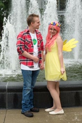 Size: 684x1024 | Tagged: safe, derpibooru import, big macintosh, fluttershy, human, 2015, clothes, cosplay, costume, cutie mark on clothes, denim, dress, duo, duo male and female, female, floral head wreath, flower, fluttermac, fountain, holding hands, irl, irl human, jeans, looking at you, male, pants, photo, plaid shirt, shipping, shirt, shoes, smiling, smiling at you, straight, t-shirt, wig, wings