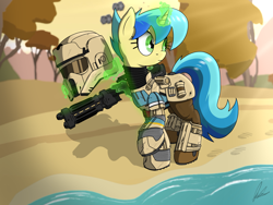 Size: 4000x3000 | Tagged: safe, artist:flaremoon, derpibooru import, oc, oc only, oc:mercury haze, pony, unicorn, armor, beach, blaster, female, helmet, horn, magic, mare, ocean, shore, shoretrooper, solo, star wars, starfighter, stormtrooper, telekinesis, tie fighter, water