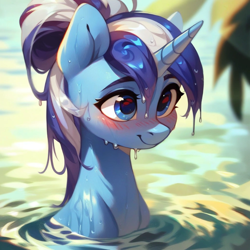 Size: 1024x1024 | Tagged: safe, ai content, derpibooru import, generator:pony diffusion v6 xl, generator:purplesmart.ai, generator:stable diffusion, machine learning generated, minuette, blushing, hair bun, prompter:jesterofdestiny, smiling, water, wet, wet mane