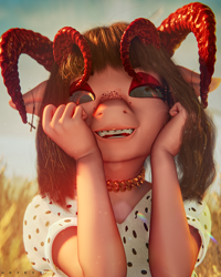 Size: 1742x2176 | Tagged: safe, artist:hevexy, derpibooru import, oc, oc only, oc:akiko, anthro, demon, succubus, 3d, anthro oc, blender, bust, clothes, collar, cute, elf ears, female, freckles, horns, looking at you, makeup, outdoors, portrait, shirt, smiling, smirk, solo