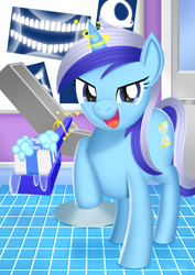 Size: 2480x3508 | Tagged: safe, artist:leonkay, derpibooru import, minuette, pony, dentist, magic, solo, toothbrush