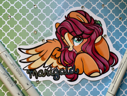 Size: 3106x2351 | Tagged: safe, artist:emberslament, derpibooru import, oc, oc only, oc:marigold, pegasus, pony, badge, blushing, female, flower, flower in hair, looking at you, mare, one eye closed, pegasus oc, photo, spread wings, traditional art, wings, wink, winking at you