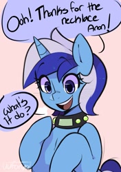 Size: 1129x1600 | Tagged: safe, artist:darkdoubloon, derpibooru import, minuette, pony, unicorn, ambiguous facial structure, collar, dialogue, fanfic art, female, horn, hypnogear, looking down, mare, open mouth, open smile, simple background, smiling, solo, speech bubble, story included