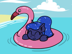 Size: 1800x1350 | Tagged: safe, artist:flutterluv, derpibooru import, princess luna, alicorn, pony, g4, eyes closed, happy, inner tube, ocean, pool toy, smiling, solo, swimming, water