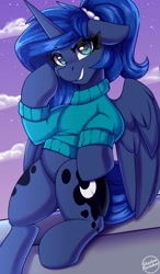 Size: 1750x3000 | Tagged: safe, artist:shadowreindeer, derpibooru import, princess luna, alicorn, pony, alternate hairstyle, clothes, female, looking at you, mare, sitting, smiling, smiling at you, solo, sweater