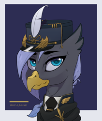 Size: 516x611 | Tagged: safe, artist:echo, derpibooru import, oc, oc:himironcrena, griffon, equestria at war mod, aquileia, badge, bust, clothes, feather, griffon oc, necktie, portrait, shirt, uniform