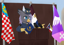 Size: 865x611 | Tagged: safe, artist:cunben_mapleleaf, derpibooru import, oc, oc:himironcrena, griffon, equestria at war mod, clothes, flag, microphone, podium, speech, talking, uniform