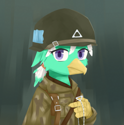 Size: 607x611 | Tagged: safe, artist:cunben_mapleleaf, derpibooru import, oc, oc:"ange"camilleperrin, griffon, equestria at war mod, clothes, helmet, jewelry, looking at you, necklace, simple background, uniform