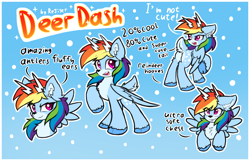 Size: 3100x2000 | Tagged: safe, artist:rejiser, derpibooru import, rainbow dash, deer, deer pony, original species, peryton, pony, reindeer, g4, antlers, blue background, butt, chest fluff, cloven hooves, countershading, cute, deer tail, deerified, ear fluff, ears, female, gradient background, hooves, looking at you, open mouth, plot, raised hoof, raised leg, raised tail, reindeer antlers, reindeer dash, simple background, smiling, smiling at you, snow, snowfall, solo, species swap, spread wings, tail, text, tongue, tongue out, unshorn fetlocks, wings