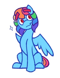 Size: 725x937 | Tagged: safe, artist:partyponypower, derpibooru import, rainbow dash, pegasus, pony, g4, alternate eye color, alternate hairstyle, alternate universe, colored eyebrows, eyebrows, eyebrows visible through hair, looking back, male, missing cutie mark, multicolored hair, no catchlights, partially open wings, rainbow hair, rainbow tail, red eyes, red pupils, simple background, sitting, smiling, solo, sparkles, tail, thick eyebrows, trans male, trans rainbow dash, transgender, white background, wings