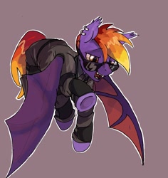 Size: 951x1008 | Tagged: safe, artist:tarsaqus, derpibooru import, oc, oc only, bat pony, pony, bat pony oc, brown background, clothes, flying, purple coat, simple background, solo, sunglasses