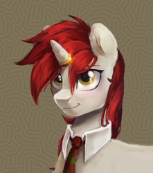 Size: 1412x1600 | Tagged: safe, artist:tarsaqus, derpibooru import, pony, unicorn, fallout equestria, brown background, bust, clothes, gray coat, horn, necktie, painting, red mane, simple background, smiling, solo