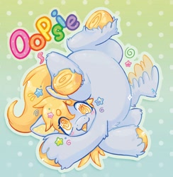 Size: 1996x2048 | Tagged: safe, artist:ibbledribble, derpibooru import, derpy hooves, pegasus, pony, g4, :3, alternate accessories, alternate design, beanbrows, big hooves, blonde, blonde mane, blonde tail, blue eyelashes, blush lines, blushing, chest fluff, cmyk, colored eyebrows, colored eyelashes, colored hooves, colored mouth, colored pinnae, colored tongue, colored wings, colored wingtips, cute, derp, derpabetes, derpy being derpy, dizzy, ear markings, exposed belly, eyebrows, eyebrows visible through hair, eyelashes, facing you, female, gradient background, gray coat, hair accessory, hock fluff, hooves, lighter coat, mane accessory, mare, one wing out, open mouth, open smile, outline, patterned background, polka dot background, rainbow text, shiny coat, shiny mane, shiny tail, silver coat, smiling, solo, sparkles, stars, swirls, swirly eyes, tail, tail accessory, text, tripped, two toned wings, unshorn fetlocks, wall of tags, wing fluff, wings, yellow hooves, yellow mane, yellow mouth, yellow tail, yellow tongue, yellow wingtips