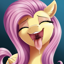 Size: 1024x1024 | Tagged: safe, ai content, derpibooru import, generator:pony diffusion v6 xl, generator:stable diffusion, machine learning generated, fluttershy, pegasus, pony, cute, drool, female, gradient background, mare, mawshot, open mouth, prompter:jasmindreasond, solo, tongue, tongue out