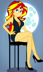 Size: 1192x2000 | Tagged: safe, artist:lobo299, derpibooru import, sunset shimmer, human, equestria girls, g4, bare shoulders, female, full moon, hand on hip, high heels, legs, moon, shoes, sitting, sleeveless, solo