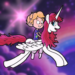 Size: 2512x2512 | Tagged: safe, artist:ponysalvadoreno, derpibooru import, oc, oc:fausticorn, alicorn, human, pony, g4, aaron mitchell, crossover, female, flying, humans riding ponies, lauren faust, male, mare, riding, riding a pony, smiling, sweet dreams fuel, the mitchells vs. the machines