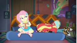 Size: 1273x720 | Tagged: safe, artist:trrrebleee, derpibooru import, edit, edited screencap, screencap, fluttershy, sunset shimmer, equestria girls, g4, converse, fluttershy boho dress, food, meme, shoes