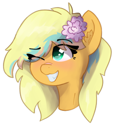 Size: 912x998 | Tagged: safe, artist:solarhors, derpibooru exclusive, derpibooru import, oc, oc only, oc:roosie, original species, pony, blushing, bust, cute, cute little fangs, ear fluff, ears, eye clipping through hair, eyebrows, eyebrows visible through hair, fangs, female, flower, flower in hair, flower on ear, grin, hair over one eye, one eye closed, portrait, simple background, smiling, solo, transparent background